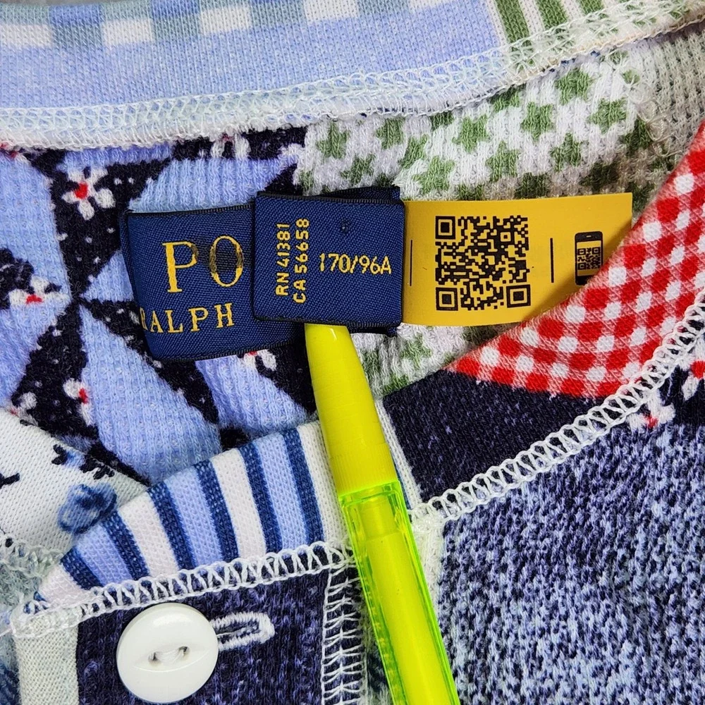 Polo Ralph Lauren Patchwork Quilt Print Waffle‎ Knit Maxi Dress Blue L RARE New - Picture 3 of 15